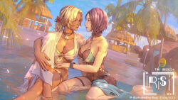Rule 34 | 2girls, absurdres, beach, bikini, black one-piece swimsuit, blonde hair, blue nails, bracelet, breasts, catherine (fire emblem), catherine (summer) (fire emblem), cleavage, crossed legs, dark-skinned female, dark skin, eye contact, fire emblem, fire emblem: three houses, fire emblem heroes, green nails, highres, hut, irisl, jewelry, large breasts, looking at another, multiple girls, nail polish, nintendo, official alternate costume, one-piece swimsuit, palm tree, partially submerged, ponytail, shamir nevrand, shamir nevrand (summer), short hair, short ponytail, swimsuit, tree, water, white bikini, yuri