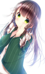 Rule 34 | 1girl, ama usa an uniform, apron, ayatan-kiri, blunt bangs, blurry, blush, brown hair, closed mouth, commentary request, cowboy shot, depth of field, dutch angle, flower, gochuumon wa usagi desu ka?, green eyes, green kimono, hair flower, hair ornament, hands on own face, highres, japanese clothes, kimono, long hair, long sleeves, looking at viewer, own hands together, sidelocks, simple background, smile, solo, ujimatsu chiya, white apron, white background, wide sleeves