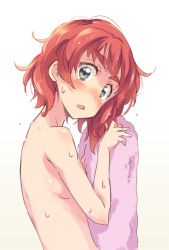 Rule 34 | &gt;:o, 10s, 1girl, :o, anzai miyako, blush, breasts, drying, eyebrows, gradient background, holding, idolmaster, idolmaster cinderella girls, looking at viewer, nude, open mouth, purple eyes, red hair, short hair, small breasts, solo, thick eyebrows, towel, v-shaped eyebrows, water, wet, yagyuu hato