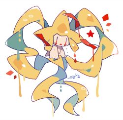 Rule 34 | alternate color, artist name, auko, creatures (company), crying, dated, full body, game freak, gen 3 pokemon, jirachi, legendary pokemon, mythical pokemon, nintendo, no humans, open mouth, poke ball symbol, pokemon, pokemon (creature), red eyes, shiny pokemon, signature, simple background, tears, white background