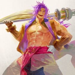 Rule 34 | 1boy, bare pectorals, bare shoulders, bhima (fate), biceps, daeraeband, dark-skinned male, dark skin, fate/grand order, fate (series), feet out of frame, gauntlets, indian clothes, large pectorals, long hair, male focus, muscular, muscular male, pectorals, pelvic curtain, purple eyes, purple hair, purple vest, simple background, smile, solo, thick eyebrows, very long hair, vest