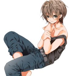 Rule 34 | 1boy, artist request, barefoot, belt, blush, character request, child, looking at viewer, male focus, pants, shirt, short hair, simple background, sitting, sleeveless, sleeveless shirt, smile, solo, white background