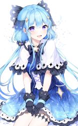 Rule 34 | 1girl, :d, absurdres, aries (constellation), black bow, black gloves, blue dress, blue hair, blush, bow, cancer (constellation), capelet, commentary request, constellation print, corset, cowboy shot, dress, gemini (constellation), gloves, hair between eyes, hair ornament, hair scrunchie, hands on own thighs, highres, long hair, looking at viewer, noyu (noyu23386566), open mouth, original, print dress, purple eyes, scrunchie, sidelocks, simple background, sitting, smile, solo, twintails, very long hair, white background, white capelet