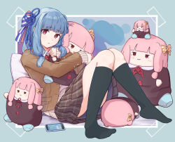 Rule 34 | 1girl, absurdres, alternate costume, black socks, blazer, blue background, blue hair, blue ribbon, blunt bangs, blush, brown jacket, cellphone, character doll, collared shirt, commentary request, hugging doll, dress shirt, full body, hair ribbon, highres, jacket, jitome, kneehighs, knees together feet apart, knees up, kotonoha akane, kotonoha aoi, long hair, long sleeves, looking at viewer, low-tied sidelocks, no shoes, hugging object, phone, photo (object), pillow, pink hair, plaid, plaid skirt, pleated skirt, raised eyebrows, reclining, red eyes, ribbon, school uniform, shirt, sidelocks, siscon, sitting, skirt, smartphone, socks, solo, sumitsubame, sweater, tape, text messaging, upskirt, voiceroid, white sweater