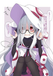 Rule 34 | 1girl, bags under eyes, black-framed eyewear, black dress, black pantyhose, covered collarbone, doll joints, dress, eyes visible through hair, fangs, glasses, grey background, grey hair, hair over one eye, hands up, hat, highres, hood, hood down, hooded robe, iberis (ogami kazuki), joints, knees together feet apart, knees up, long sleeves, off shoulder, ogami kazuki, original, pantyhose, parted lips, red eyes, robe, semi-rimless eyewear, sleeves past wrists, solo, thick eyebrows, thighband pantyhose, translation request, two-tone background, under-rim eyewear, white background, white hat, white robe, witch hat