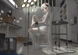 Rule 34 | 1girl, animal, barred window, cable, cage, chair, cuffs, dress, facial mark, female focus, highres, horns, indoors, intravenous drip, iv stand, laboratory, long hair, mouse (animal), namuta (namu t22), original, pale skin, pointy ears, reflective floor, shackles, sitting, sleeveless, sleeveless dress, solo, tile floor, tile wall, tiles, very long hair, white dress, white hair, white theme, window, wire