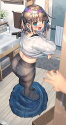 Rule 34 | 1girl, absurdres, ass, bathroom, black pantyhose, black ribbon, black shirt, blue bra, blue eyes, blue sky, blurry, blurry foreground, blush, bra, brown hair, clothes lift, commentary request, depth of field, from behind, full body, hair ribbon, highres, indoors, lifted by self, looking at viewer, looking back, medium hair, open mouth, original, paid reward available, panties, panties under pantyhose, pantyhose, plant, potted plant, pov, ranf, ribbon, shirt, sink, skirt, unworn skirt, sky, soap dispenser, solo focus, sweater, sweater lift, towel, underwear, undressing, walk-in, white sweater