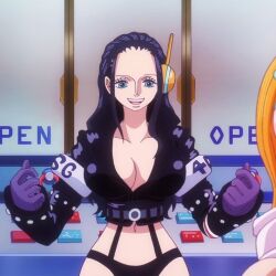 Rule 34 | 1girl, black hair, black jacket, black panties, blue eyes, breasts, cleavage, clenched hands, garter belt, jacket, large breasts, long hair, nico robin, nico robin (egghead), one piece, panties, revealing clothes, screencap, smile, stitched, third-party edit, thong, toei animation, underwear, wide hips