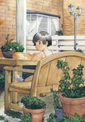 Rule 34 | black hair, blush, brown eyes, camisole, cat, child, fence, looking back, plant, satou toshiyuki, shoes, short hair, sitting, sneakers, table
