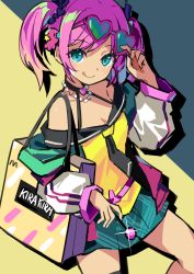 Rule 34 | 1girl, :p, absurdres, bag, blue eyes, chinese commentary, choker, dohna dohna issho ni warui koto o shiyou, eyewear on head, hair ornament, highres, jewelry, kirakira (dohna dohna), looking at viewer, miniskirt, necklace, pink hair, puffy sleeves, simple background, skirt, smile, solo, sunglasses, thighs, tiramisu (6822816123), tongue, tongue out