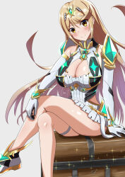 Rule 34 | blonde hair, breasts, buhiko, chest jewel, cleavage, cleavage cutout, clothing cutout, highres, large breasts, long hair, mythra (xenoblade), solo, very long hair, yellow eyes