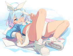 Rule 34 | 1girl, arona (blue archive), bare legs, blue archive, blue eyes, blue hair, blue halo, blue panties, blue serafuku, blue shirt, blush, bow, bow hairband, braid, breasts, colored inner hair, commentary, english commentary, food, footwear ribbon, full body, hair ribbon, hairband, halo, highres, holding, holding food, holding popsicle, knees up, light blue hair, long bangs, long sleeves, lying, miniskirt, multicolored hair, on back, panties, pantyshot, pink hair, popsicle, puffy long sleeves, puffy sleeves, revision, ribbon, sailor collar, saliva, saliva trail, school uniform, serafuku, sgt-jz, shirt, shirt bow, shoes, short hair, side braid, single braid, skirt, small breasts, sneakers, solo, striped clothes, striped panties, tongue, tongue out, two-tone hair, underwear, variant set, white bow, white footwear, white hairband, white ribbon, white sailor collar, white skirt