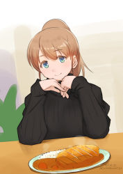 Rule 34 | 1girl, alternate costume, black sweater, blue eyes, dated, food, intrepid (kancolle), kantai collection, light brown hair, long hair, long sleeves, looking at viewer, one-hour drawing challenge, plate, ponytail, rice, smile, solo, steam, sweater, table, twitter username