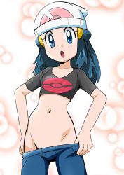 Rule 34 | 1girl, blue eyes, blue hair, blush, breasts, clothes pull, creatures (company), crop top, curvy, dawn (pokemon), female focus, game freak, groin, hainchu, highres, hip focus, looking at viewer, lowleg, lowleg pants, midriff, navel, nintendo, no panties, pants, pants pull, pokemon, pokemon (anime), pokemon dppt (anime), shiny skin, small breasts, solo, thighs
