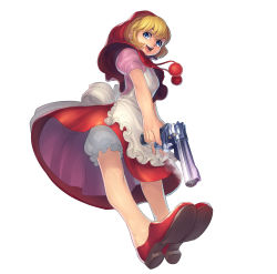 Rule 34 | 1girl, :d, absurdres, apron, blonde hair, bloomers, blue eyes, bulleta, capelet, dress, fengmo, finger on trigger, frilled apron, frills, from below, full body, gun, handgun, highres, holding, holding gun, holding weapon, hood, looking at viewer, no legwear, open mouth, pom pom (clothes), puffy short sleeves, puffy sleeves, red dress, red footwear, red hood, shoe soles, shoes, short hair, short sleeves, simple background, smile, smoke, solo, teeth, tongue, underwear, upskirt, vampire (game), weapon, white background
