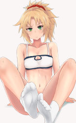 Rule 34 | 1girl, blonde hair, breasts, cleavage, cleavage cutout, clothing cutout, fate/apocrypha, fate/grand order, fate (series), feet, green eyes, highres, long hair, looking at viewer, mordred (fate), mordred (fate/apocrypha), mordred (memories at trifas) (fate), navel, socks, soles, solo, tarosu (815588243), white socks