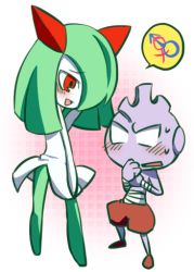 Rule 34 | 1boy, 1girl, bandages, blank eyes, blush, colored skin, creatures (company), eye contact, flat chest, full body, game freak, gen 2 pokemon, gen 3 pokemon, gradient background, green hair, green skin, hair over one eye, hand up, hands up, happy, kirlia, looking at another, lowres, mars symbol, medium hair, minashirazu, multicolored skin, nintendo, one eye covered, open mouth, own hands together, pokemon, pokemon (creature), purple skin, red eyes, sidelocks, sideways mouth, simple background, sketch, smile, speech bubble, standing, sweat, talking, two-tone background, two-tone skin, tyrogue, venus symbol, white background, white eyes, white skin
