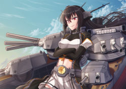 Rule 34 | 10s, 1girl, black gloves, black hair, cloud, cloudy sky, commentary request, crossed arms, day, gloves, headgear, kantai collection, long hair, looking at viewer, machinery, mizunashi hayate, nagato (kancolle), nagato kai ni (kancolle), navel, pleated skirt, red eyes, skirt, sky, smile, solo, turret, twilight, wind