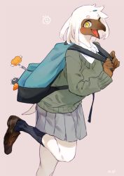 Rule 34 | 1girl, artist name, backpack, bag, beak, bebebe, beige background, bird-chan (bebebe), blue socks, blush, breasts, brown footwear, female focus, furry, furry female, green sweater, grey skirt, hair ornament, hairclip, hands up, happy, kneehighs, leg up, looking at viewer, miniskirt, nose blush, open mouth, original, pleated skirt, school uniform, shirt, shoes, short hair, signature, simple background, skirt, small breasts, smile, socks, solo, standing, standing on one leg, sweater, tail, tongue, white hair, white shirt, yellow eyes