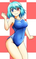 Rule 34 | bare arms, bare shoulders, blue hair, blue one-piece swimsuit, blush, breasts, checkered background, closed mouth, collarbone, commentary request, competition swimsuit, contrapposto, cowboy shot, d-m (dii emu), eyebrows, groin, hand up, heterochromia, highleg, highleg swimsuit, highres, large breasts, looking at viewer, one-piece swimsuit, smile, solo, standing, swimsuit, tatara kogasa, touhou