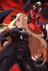 Rule 34 | 1girl, black coat, black nails, black pants, blonde hair, breasts, cameltoe, coat, creatures (company), cynthia (pokemon), fingernails, from below, fur trim, game freak, garchomp, gen 4 pokemon, goro orb, grey eyes, hair ornament, hair over one eye, hand on own hip, highres, impossible clothes, jacket, large breasts, long hair, nail polish, nintendo, open mouth, pants, pokemon, pokemon (creature), pokemon dppt, red sky, saliva, sky, smile, solo, standing, very long hair