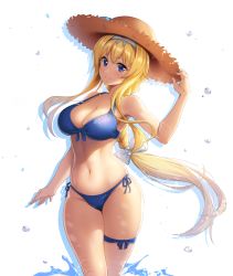 Rule 34 | 1girl, alice zuberg, alternate costume, bare arms, bare shoulders, bikini, blonde hair, blue bikini, blue eyes, blush, breasts, cleavage, closed mouth, collarbone, commentary request, cowboy shot, front-tie bikini top, front-tie top, groin, hair between eyes, hair ornament, hairband, halterneck, hand on headwear, hat, highres, holiday (pangjelly), large breasts, legs together, long hair, looking at viewer, navel, ribbon, side-tie bikini bottom, smile, solo, standing, stomach, straw hat, string bikini, sun hat, swimsuit, sword art online, sword art online: alicization, thigh strap, thighs, water, water drop, white background