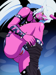 Rule 34 | 10s, 1girl, bat wings, censored, colored pubic hair, colored skin, demon girl, dressing, fang, female pubic hair, glasses, horns, kazgok, kneesocks (psg), long hair, mosaic censoring, no panties, panty &amp; stocking with garterbelt, pubic hair, pussy, red skin, single horn, solo, upskirt, white hair, wings