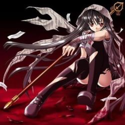 Rule 34 | 1girl, bandages, black hair, black thighhighs, dark, jpeg artifacts, long hair, lowres, masaharu, ofuda, resized, shoes, sitting, solo, staff, thighhighs, torn clothes, torn thighhighs, veil, wind