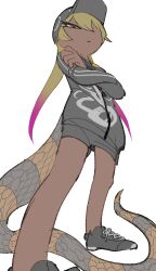 Rule 34 | 1girl, bare legs, baseball bat, black footwear, black shorts, blonde hair, cardigan, closed mouth, crossed arms, dark-skinned female, dark skin, eyelashes, flat color, from below, half-closed eye, highres, igarashi (nogiheta), kemono friends, kemono friends 3, king cobra (kemono friends), long hair, long sleeves, long tail, looking at viewer, multicolored eyes, multicolored hair, official alternate costume, pink hair, red eyes, shoes, short shorts, shorts, simple background, snake tail, solo, standing, standing on one leg, tail, twintails, two-tone hair, white background, yellow eyes, zipper