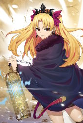 Rule 34 | 1girl, absurdres, birdcage, black cape, black thighhighs, blonde hair, bow, cage, cape, chain, closed mouth, commentary request, dutch angle, earrings, ereshkigal (fate), fate/grand order, fate (series), fur-trimmed cape, fur trim, hair bow, highres, holding, infinity symbol, jewelry, long hair, looking at viewer, looking back, makise minami, parted bangs, purple bow, red eyes, smile, solo, thighhighs, tiara, tohsaka rin, two side up, very long hair