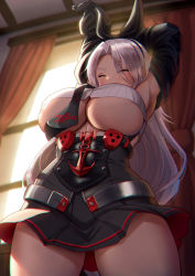 Rule 34 | 1girl, anchor symbol, armpits, arms up, azur lane, bare shoulders, black gloves, black necktie, black ribbon, black skirt, black sleeves, bodice, breasts, closed eyes, commentary request, cowboy shot, crop top, curtains, detached sleeves, from below, gloves, hair ribbon, indoors, iron blood (emblem), large breasts, long hair, maku ro, miniskirt, mole, mole under eye, necktie, parted bangs, pleated skirt, prinz heinrich (azur lane), ribbed shirt, ribbon, shirt, sidelocks, skirt, sleeveless, sleeveless shirt, solo, standing, stretching, underboob, very long hair, white hair, white shirt, window
