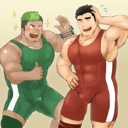 Rule 34 | 2boys, absurdres, alternate costume, bara, black hair, blush, bodysuit, bulge, covered abs, covered erect nipples, dark-skinned male, dark skin, feet out of frame, flying sweatdrops, gluteal fold, green eyes, green hair, hand on own head, highres, ikusaba daisuke, large pectorals, long sideburns, male focus, protagonist 3 (housamo), multicolored hair, multiple boys, muscular, muscular male, pectorals, red bodysuit, short hair, sideburns, sidepec, sparkle, standing, tatatan (ts kon2), taurus mask, thick thighs, thighs, thumbs up, tokyo houkago summoners, two-tone hair, wrestling outfit, yaoi