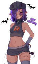 1girl absurdres armpit_crease bare_shoulders cowboy_shot dark-skinned_female dark_skin demon_girl demon_horns demon_tail glasses gloves grey_gloves grey_thighhighs halloween hand_on_own_hip highres holding holding_poke_ball horns miniskirt navel nyaivie original pointy_ears poke_ball poke_ball_(basic) purple_eyes purple_hair short_hair skirt tail tail_around_own_leg tail_wrap team_rocket team_rocket_uniform thighhighs venym_(scrapyardsatyr)