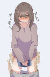 Rule 34 | 1girl, between legs, blue background, blush, breath, bright pupils, brown eyes, brown hair, brown shirt, cloth, clothes pull, collarbone, cowboy shot, female focus, flat chest, grey pants, hair between eyes, half-closed eyes, hand between legs, have to pee, highres, holding, holding cloth, japanese text, long hair, long sleeves, looking down, matching hair/eyes, nose blush, original, own hands together, panties, pants, pants pull, pee, peeing, peeing self, shirt, sidelocks, simple background, solo, standing, straight-on, sweat, translation request, trembling, underwear, v arms, watakarashi, wet, wet clothes, white panties, white pupils