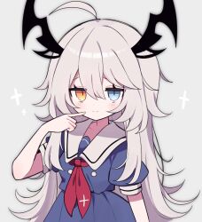 Rule 34 | 1girl, ahoge, black horns, blue dress, blue eyes, blush stickers, buttons, clarevoir, dress, finger to cheek, grey background, hair between eyes, heterochromia, highres, horns, long hair, looking at viewer, messy hair, neckerchief, original, petite, puffy short sleeves, puffy sleeves, red neckerchief, sailor collar, short sleeves, sidelocks, simple background, slit pupils, smile, smug, solo, sparkle, upper body, very long hair, white sailor collar, yellow eyes