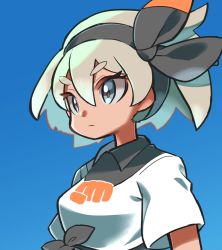 Rule 34 | 1girl, bea (pokemon), black hairband, blue background, blurry, bow hairband, closed mouth, collared shirt, commentary, creatures (company), expressionless, eyelashes, game freak, grey eyes, grey hair, gym leader, hair between eyes, hairband, highres, hyou (hyouga617), nintendo, pokemon, pokemon swsh, print shirt, shirt, short hair, short sleeves, simple background, solo, tied shirt, upper body