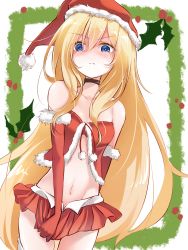 Rule 34 | 1girl, alternate costume, bare shoulders, black choker, blonde hair, blue eyes, blush, bra, breasts, choker, christmas, commentary request, crop top, elbow gloves, embarrassed, frown, fur-trimmed gloves, fur trim, gabriel dropout, gloves, groin, hair between eyes, hat, highres, long hair, looking at viewer, midriff, miniskirt, navel, pleated skirt, pom pom (clothes), red bra, red gloves, revealing clothes, santa hat, sazanka, serious, skirt, skirt tug, small breasts, solo, strapless, gabriel tenma white, underwear, very long hair