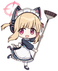 Rule 34 | 1girl, :d, animal ear headphones, animal ears, apron, bell (oppore coppore), black dress, black footwear, blonde hair, blue archive, blue bow, bow, broom, chibi, collared dress, commentary request, dress, fake animal ears, frilled apron, frills, full body, hair bow, halo, headphones, highres, holding, holding broom, long sleeves, maid, maid headdress, momoi (blue archive), momoi (maid) (blue archive), open mouth, pantyhose, pink eyes, puffy long sleeves, puffy sleeves, red bow, shoes, sidelocks, simple background, smile, solo, standing, standing on one leg, tail, twintails, white apron, white background, white pantyhose