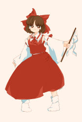 Rule 34 | 1girl, absurdres, ascot, bow, brown eyes, brown hair, detached sleeves, embodiment of scarlet devil, frilled bow, frills, gohei, hair bow, hair tubes, hakurei reimu, hamriku, highres, japanese clothes, long hair, medium hair, miko, multiple girls, nontraditional miko, ofuda, parted bangs, red ascot, red bow, ribbon-trimmed sleeves, ribbon trim, simple background, socks, solo, touhou, white background, wide sleeves, yin yang