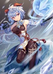 Rule 34 | 1girl, ahoge, arm up, armpits, bare shoulders, bell, black gloves, blue hair, bodysuit, breasts, chinese knot, closed mouth, commentary request, covered erect nipples, covered navel, cowbell, detached sleeves, dutch angle, ganyu (genshin impact), genshin impact, gloves, goat horns, gold trim, highres, horns, ice shard, leg up, long hair, nanashi (74 nanashi), orb, outstretched arm, pelvic curtain, purple eyes, skin tight, solo, tassel, taut clothes, torn clothes, very long hair, vision (genshin impact), wind