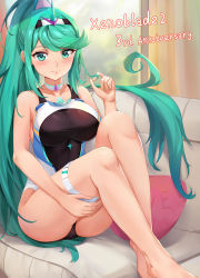 Rule 34 | 1girl, absurdres, anniversary, black one-piece swimsuit, blurry, breasts, character name, chest jewel, clothes writing, copyright name, couch, depth of field, green eyes, green hair, hand on own thigh, highres, horns, kiiro kimi, large breasts, legs together, long hair, one-piece swimsuit, pillow, pneuma (xenoblade), short hair, single horn, skin tight, solo, spoilers, swept bangs, swimsuit, thigh strap, thighs, very long hair, xenoblade chronicles (series), xenoblade chronicles 2