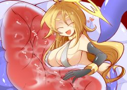 Rule 34 | 1girl, absurdres, areola slip, blonde hair, breasts, elbow gloves, closed eyes, female focus, gloves, heart, highres, lamia, large breasts, long hair, mizuki (lv43), monster girl, open mouth, original, smile, vore, x-ray