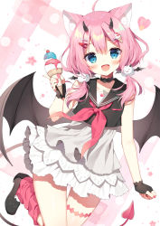 Rule 34 | 1girl, :d, ahoge, animal ears, bat wings, black choker, black footwear, black horns, black sailor collar, blue eyes, bridal garter, cat ears, choker, commentary request, commission, demon girl, demon tail, food, hair ornament, hairclip, heart, highres, holding, holding food, horns, ice cream, indie virtual youtuber, looking at viewer, low twintails, mauve, medium hair, open mouth, pink hair, pixiv commission, red neckwear, sailor collar, sakurada hane, shoes, skirt, sleeveless, smile, socks, solo, tail, twintails, virtual youtuber, white skirt, wings