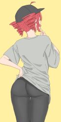 Rule 34 | 1girl, ahoge, ass, ass focus, back, baseball cap, black hat, black pants, drill hair, finger to own chin, from behind, grey shirt, hand on own hip, hat, high re, highres, kasane teto, leggings, override (synthesizer v), pants, red hair, shirt, simple background, solo, synthesizer v, t-shirt, twin drills, utau, white shirt, yellow background