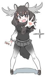 Rule 34 | 10s, 1girl, animal ears, antlers, blush, brown hair, highres, horns, kemono friends, long hair, long sleeves, moose (kemono friends), moose ears, moose tail, open mouth, outstretched hand, pantyhose, pleated skirt, scarf, skirt, solo, sweater, tail, v-shaped eyebrows, white background, zk (zk gundan)