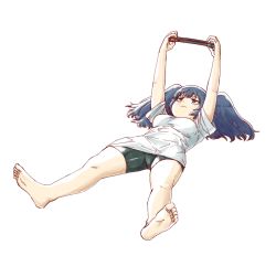 Rule 34 | 1girl, arms up, barefoot, bike shorts, blue eyes, blue hair, breasts, feet, fumato, half-closed eyes, highres, lying, medium breasts, nintendo switch, on back, shirt, simple background, solo, toes, tokyo ghoul, twintails, white background, white shirt, yonebayashi saiko