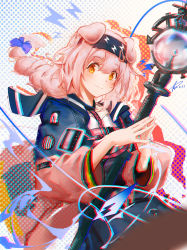 Rule 34 | 1girl, animal ears, arknights, black hairband, black skirt, blue bow, blue jacket, bow, braid, cat ears, cat girl, chromatic aberration, dated, dotted background, fenrir (fenlix), floppy ears, goldenglow (arknights), hair bow, hairband, highres, holding, holding staff, id card, jacket, lanyard, lightning bolt print, lightning bolt symbol, long hair, long sleeves, looking at viewer, multicolored clothes, multicolored jacket, open clothes, open jacket, pink jacket, print hairband, shirt, signature, skirt, smile, solo, staff, two-tone jacket, upper body, white shirt, yellow eyes