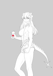 Rule 34 | 1girl, absurdres, alternate costume, arknights, bottle, denim, denim shorts, dragon tail, highres, horns, monochrome, muscular, muscular female, rd shion, revealing clothes, saria (arknights), short shorts, shorts, tail, water bottle