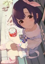 Rule 34 | 1girl, black hair, blue shorts, blurry, blush, bow, breasts, brown eyes, can, closed mouth, coca-cola, collarbone, commentary, day, depth of field, dot nose, from above, hair bow, hair ribbon, highres, holding, holding can, idolmaster, idolmaster cinderella girls, idolmaster cinderella girls starlight stage, looking at viewer, looking up, multicolored scrunchie, on bench, outdoors, pink footwear, pink ribbon, pink socks, plant, potted plant, rakukata u, ribbon, scrunchie, shadow, shiragiku hotaru, shirt, shoes, short hair, shorts, signature, small breasts, sneakers, socks, solo, suspender shorts, suspenders, white shirt, wrist scrunchie