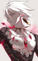 Rule 34 | 1boy, blue eyes, body markings, chain, chest jewel, choker, collar, diamond (gemstone), earrings, fate/grand order, fate (series), gem, gold chain, gold earrings, hair between eyes, highres, jewelry, karna (fate), large pectorals, looking away, male focus, omotidukiyo9, pectorals, spiked collar, spikes, torn clothes, upper body, white background, white hair